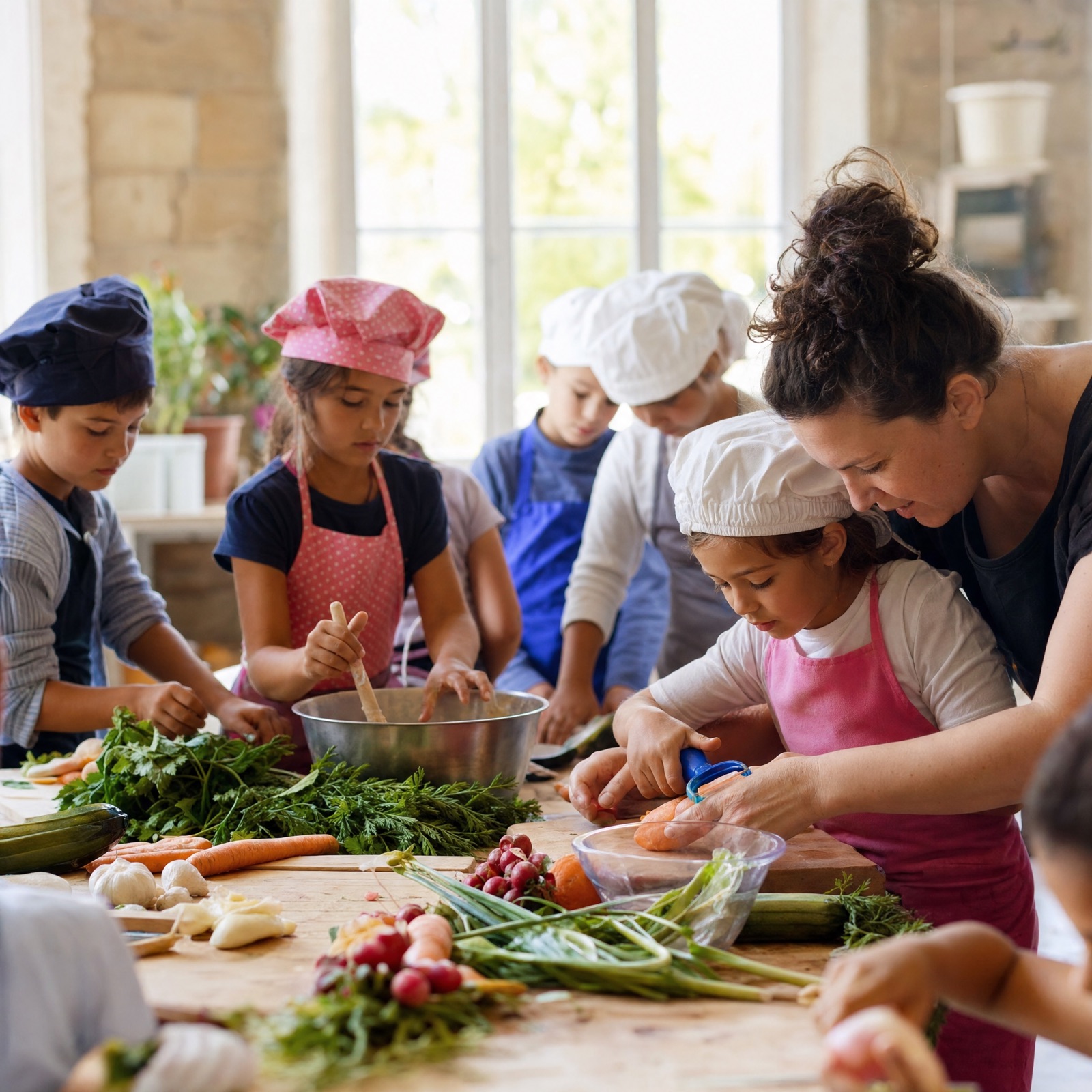 Enfants cuisinant autour d'une table couverte de farine