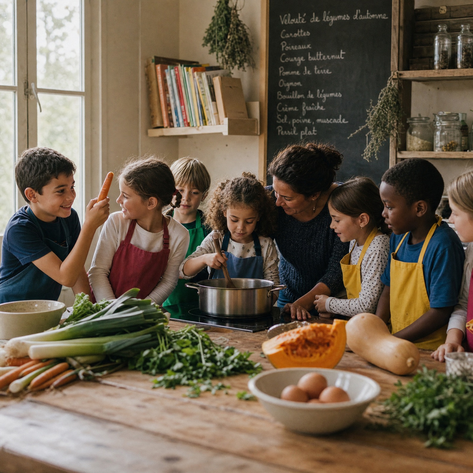 Des enfants cuisinent ensemble dans un atelier rouennais, tabliers colorés et pommes normandes sur le plan de travail